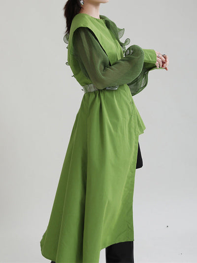 Long Sleeves Loose Asymmetric Pleated Solid Color Split-Joint Falbala Lapel Blouses&Shirts Tops