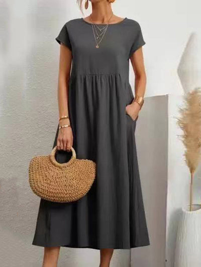 A-Line Plus Size Pleated Pockets Solid Color Round-Neck Midi Dresses