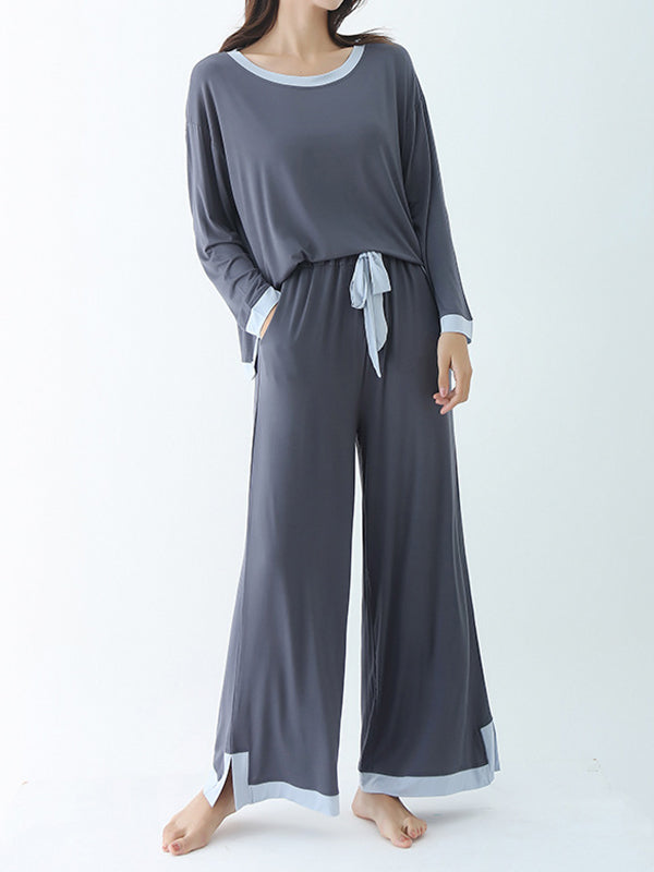 Long Sleeves Loose Contrast Color Round-Neck Two Pieces Pajama Set
