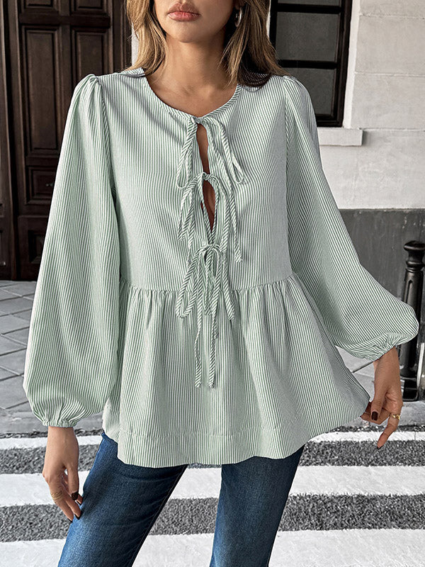Long Sleeves Loose Elasticity Pleated Striped Tied Round-Neck Blouses&Shirts Tops