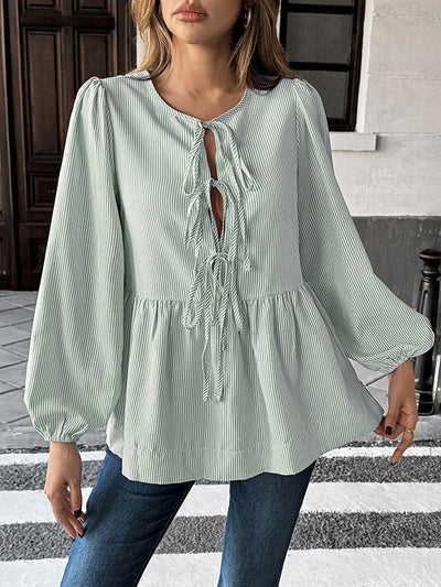 Long Sleeves Loose Elasticity Pleated Striped Tied Round-Neck Blouses&Shirts Tops