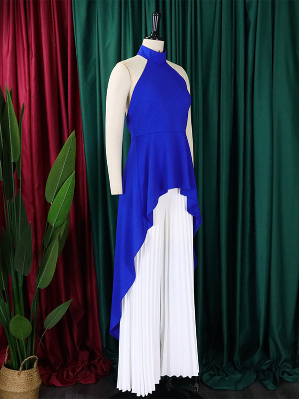 Loose Backless Lacy Solid Color Halter-Neck Vest Top + High-Low Pants Bottom Two Pieces Set