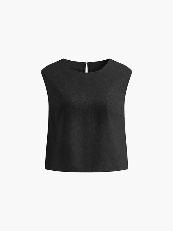 Loose Short Sleeves Hollow Solid Color Split-Joint Round-Neck Vest Top