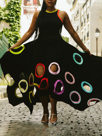 A-Line High Waisted Contrast Color Hollow Round-Neck Maxi Dresses