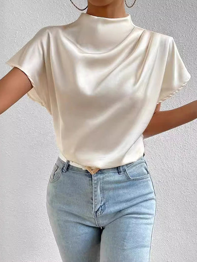 Loose Short Sleeves Pleated Solid Color Mock Neck T-Shirts Tops