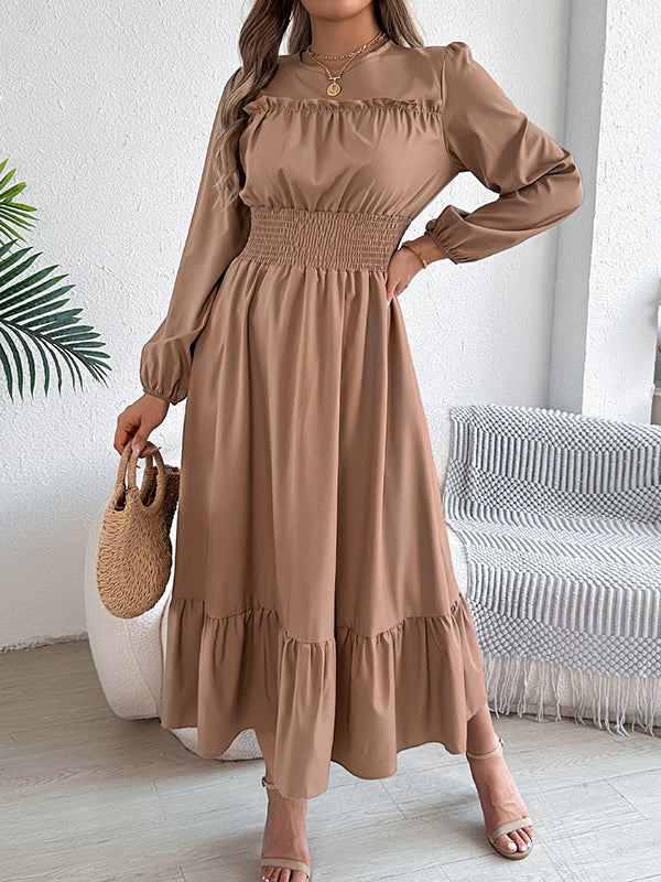 A-Line Elasticated Waist Pleated Solid Color Round-Neck Maxi Dresses