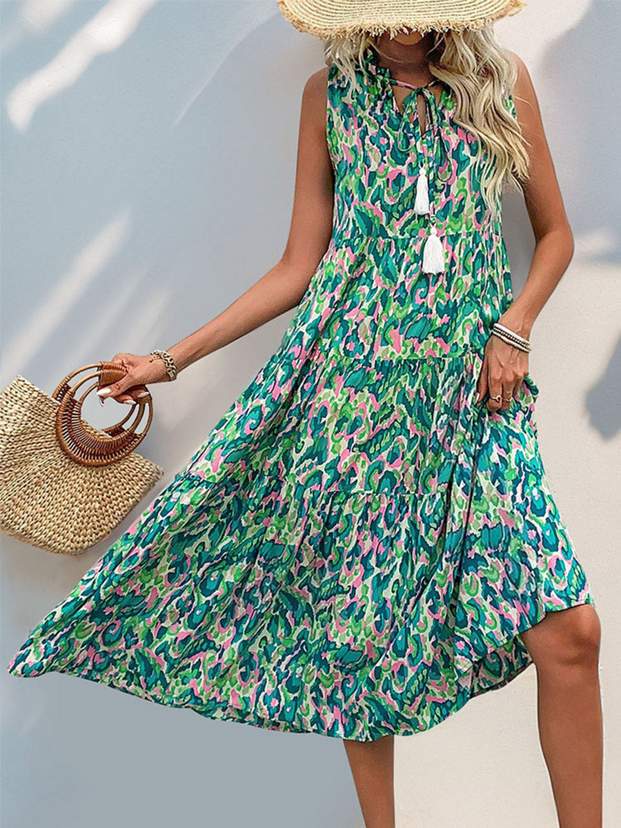 A-Line Loose Contrast Color Printed Split-Joint V-Neck Maxi Dresses