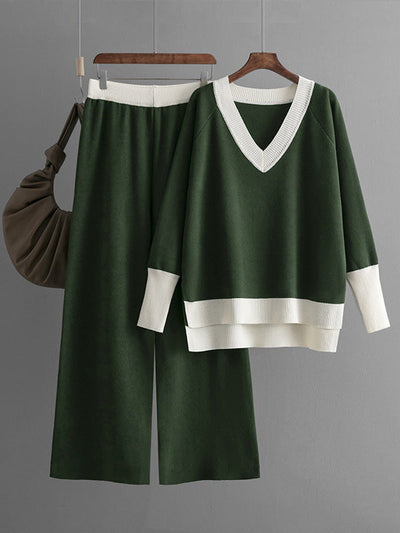 High-Low Contrast Color Split-Side V-Neck Sweater Tops + Elasticity Pants Trousers Two Pieces Set
