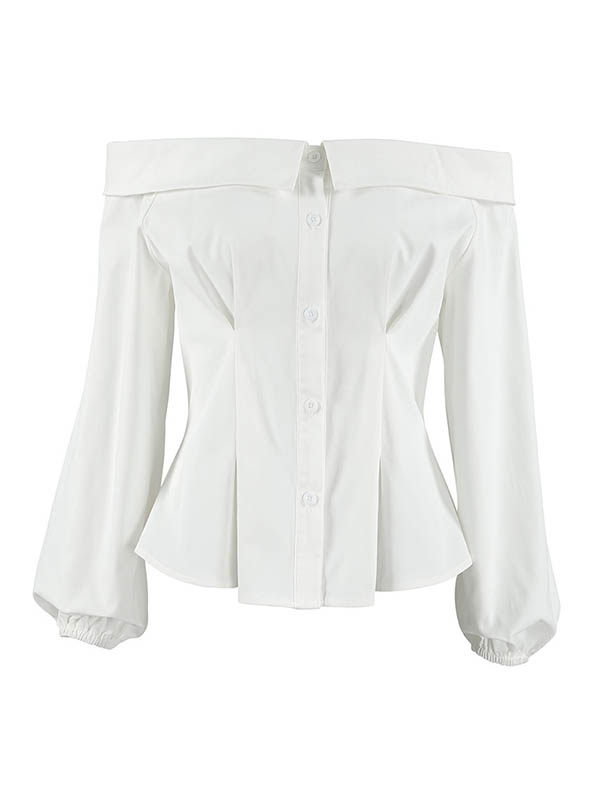 Long Sleeves Loose Buttoned Elasticity Pockets Solid Color Off-The-Shoulder Blouses&Shirts Tops