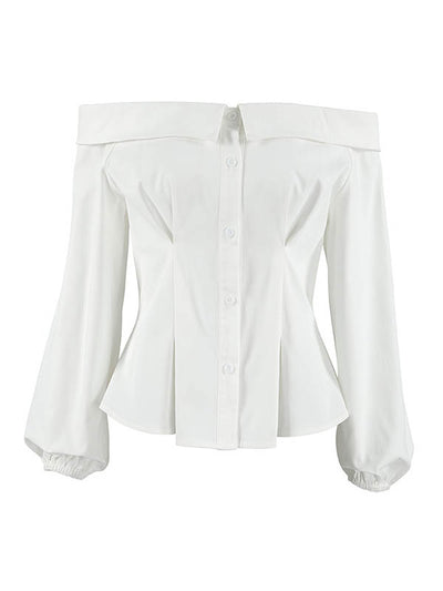 Long Sleeves Loose Buttoned Elasticity Pockets Solid Color Off-The-Shoulder Blouses&Shirts Tops