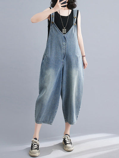 Cropped Loose Denim Buttoned Overalls