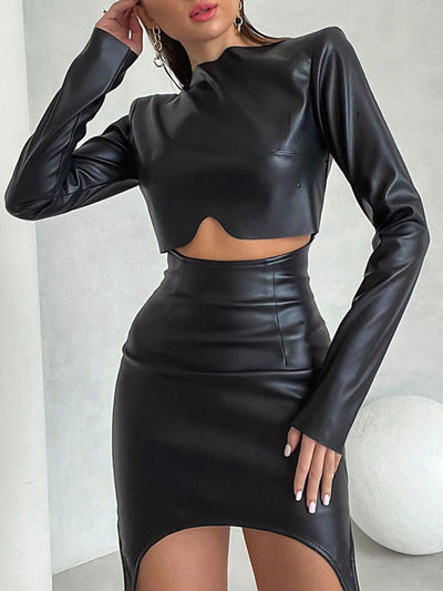 Solid Color Split-Joint Round-Neck T-Shirt Top + Zipper Bodycon High Waisted Skirts Bottom Two Pieces Set