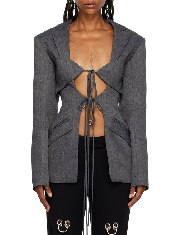 Long Sleeves Loose Pockets Solid Color Tied Notched Collar Blazer Outerwear