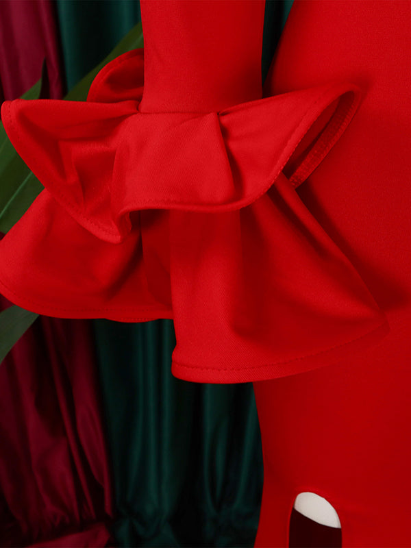 Bodycon Flared Sleeves Falbala Solid Color Split-side Off-the-shoulder Maxi Dresses