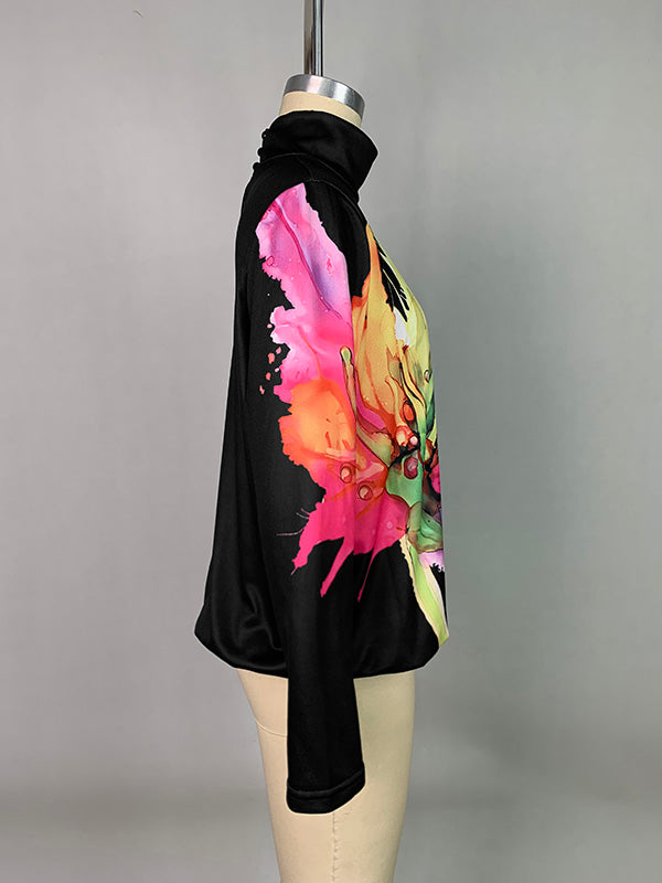 Long Sleeves Loose Flower Print Split-Joint High Neck Sweatshirt Tops