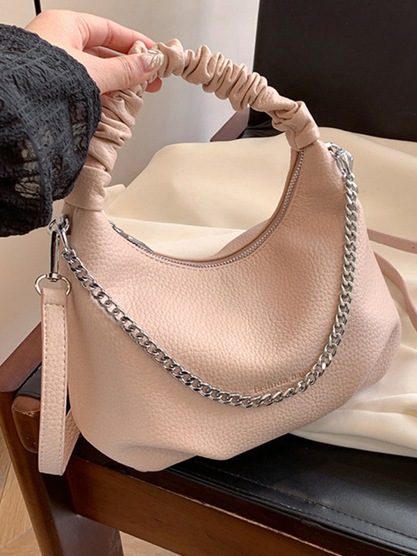 Chains Pleated Solid Color Zipper Crossbody Bags Handbags