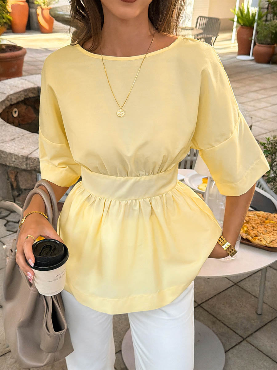 Elasticated Waist Half Sleeves Pleated Solid Color Round-Neck Blouses&Shirts Tops