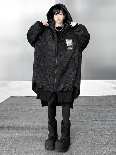High-Low Irregularity Abstract Printed Contrast Color Split-Joint Zipper Hooded Outerwear Overcoat