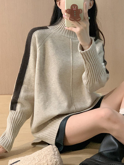 High-Low Long Sleeves Contrast Color Split-Joint Split-Side High Neck Pullovers Sweater Tops