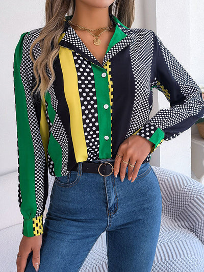 Long Sleeves Buttoned Contrast Color Polka-Dot Notched Collar Blouses&Shirts Tops