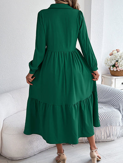 High Waisted Long Sleeves Pleated Ruffled Solid Color Lapel Midi Dresses Shirt Dress