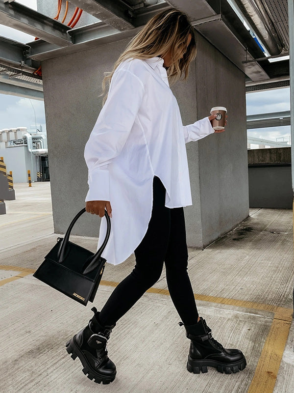 Urban Long Sleeves High-Low Solid Color Lapel Collar Blouses