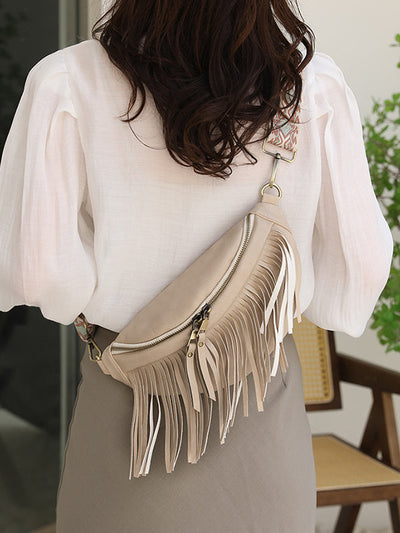 Geometric Tasseled Zipper Crossbody Bags