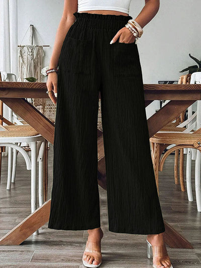 Loose Wide Leg Elasticity Pleated Pockets Solid Color Split-Joint Pants Trousers