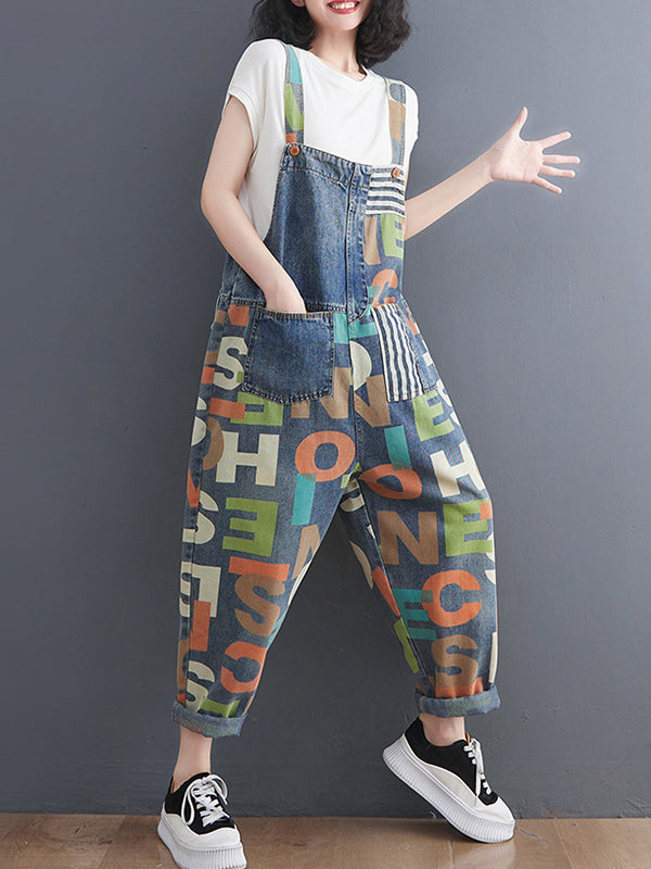 High Waisted Loose Asymmetric Buttoned Letter Print Pockets Split-Joint Striped Overalls