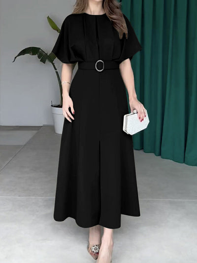 Loose Raglan Sleeve Pleated Split-Front Split-Joint Tied Waist Round-Neck Maxi Dresses