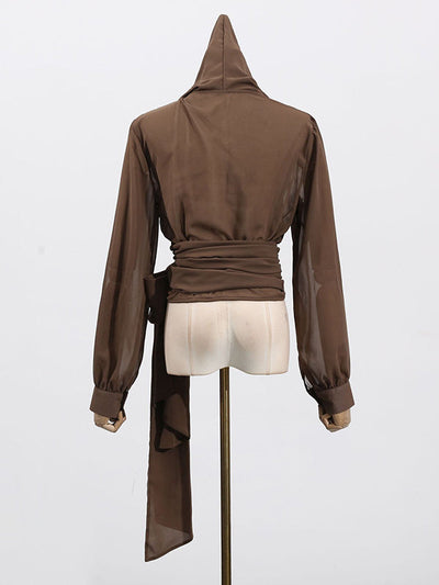 Long Sleeves Loose Pleated See-Through Solid Color Tied Waist Hooded Blouses&Shirts Tops