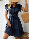 A-Line Loose Buttoned Pleated Polka-Dot Tied Waist Round-Neck Mini Dresses