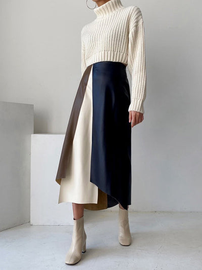 A-Line High Waisted Asymmetric Contrast Color Split-Front Skirts Bottoms