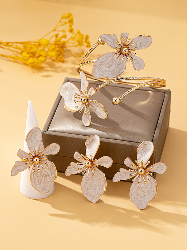 Flower Shape Bracelet + Earrings + Rings Accessories Three Pieces