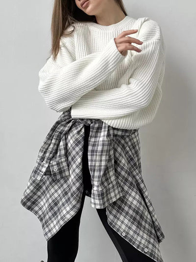 Long Sleeves Loose Solid Color Split-Joint Round-Neck Sweater Tops