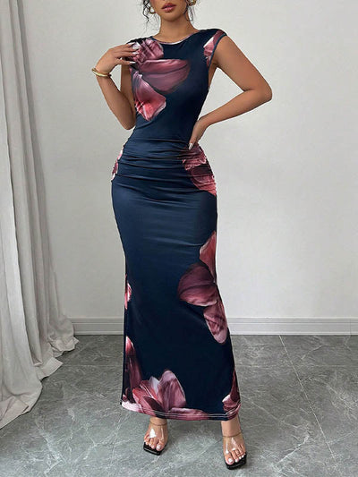 Bodycon Sleeveless Contrast Color Flower Print Round-Neck Maxi Dresses