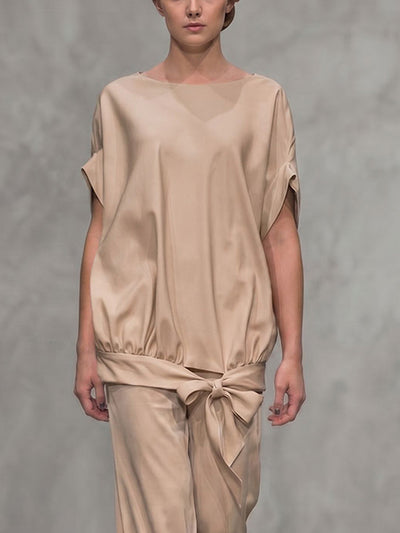 Loose Short Sleeves Pleated Solid Color Split-Joint Tied Round-Neck Blouses&Shirts Tops