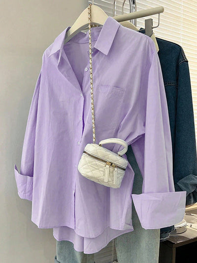 Long Sleeves Loose Buttoned Pockets Solid Color Lapel Blouses&Shirts Tops