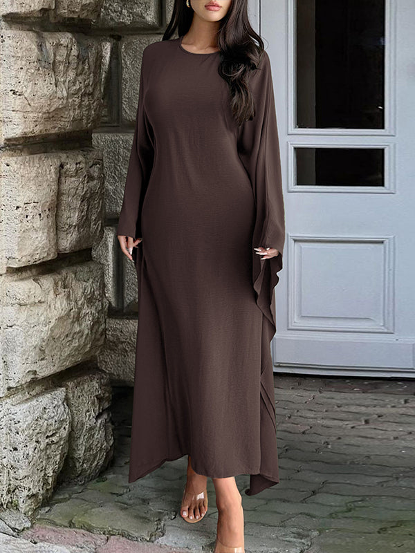 Batwing Sleeves Long Sleeves Solid Color Round-Neck Maxi Dresses