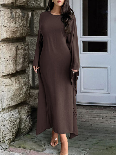 Batwing Sleeves Long Sleeves Solid Color Round-Neck Maxi Dresses