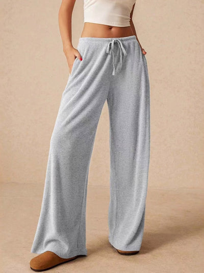 Elasticated Waist High Waisted Drawstring Solid Color Split-Joint Pants Trousers