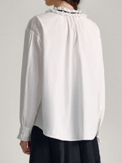 Long Sleeves Loose Buttoned Pleated Ruffled Solid Color V-Neck Blouses&Shirts Tops