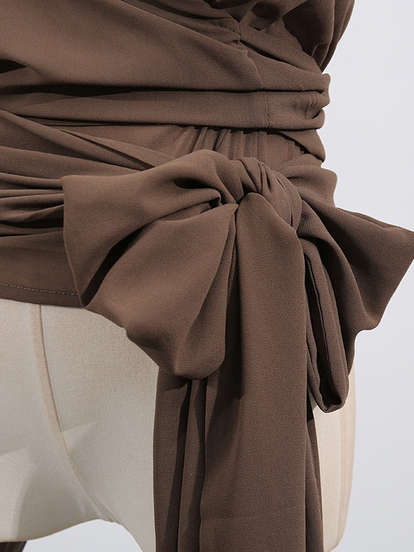 Long Sleeves Loose Pleated See-Through Solid Color Tied Waist Hooded Blouses&Shirts Tops