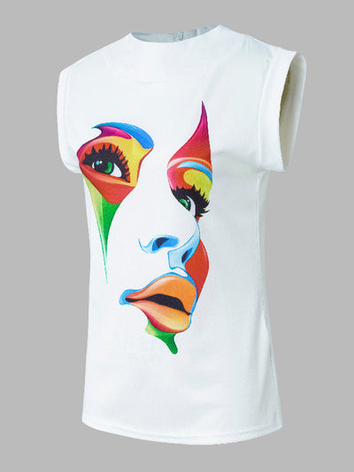 Cap Sleeve Loose Multi-Colored Printed High-Neck T-Shirts Tops