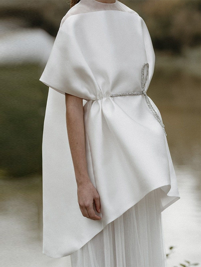 High-low Loose Tied Waist Round-neck Blouses