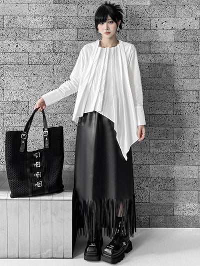 Hipster Irregularity Asymmetric Pleated Solid Color Round-Neck Blouses&Shirts Tops