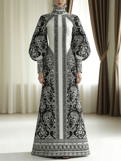 A-Line Long Sleeves Contrast Color Flower Print High Neck Maxi Dresses