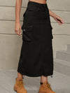 A-Line Buttoned Drawstring Pockets Solid Color Split-Side Skirts Bottoms