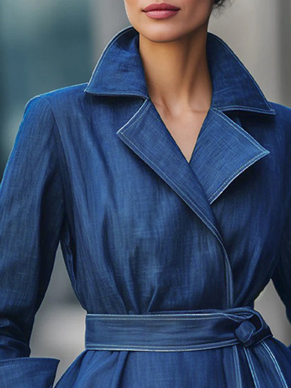 Long Sleeves Loose Solid Color Tied Waist Notched Collar Outerwear