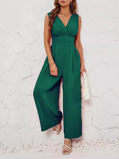 Loose Sleeveless Pleated Solid Color Split-Joint V-Neck Jumpsuits
